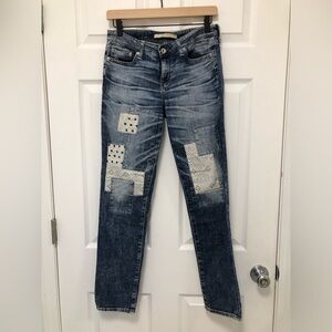 Big Star Blue Straight Leg Jeans with Distressed Patchwork Details size 27